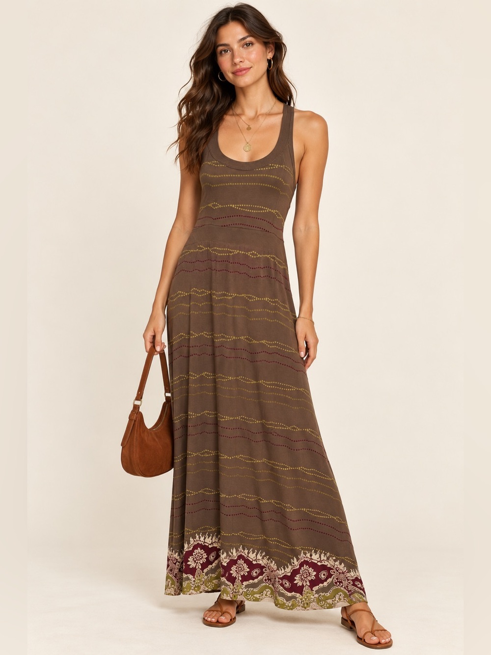 Athleta Womens Medium Brown Boho Maxi Dress Racerback Sleeveless Paisley Print